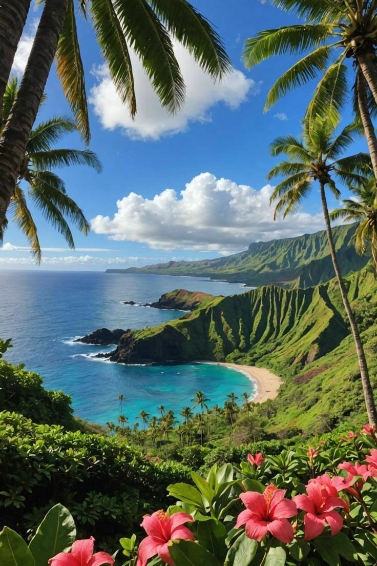 Tropical Hawaiian coastline with hibiscus flowers